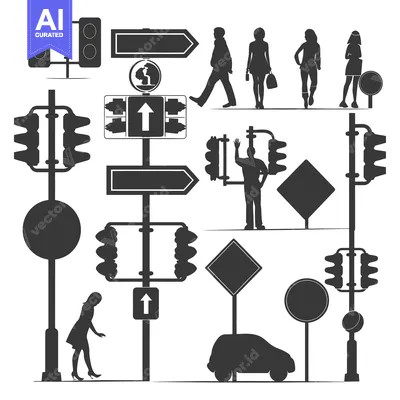 Silhouettes of Traffic Lights, Signs, People, and a Car on a White Bac