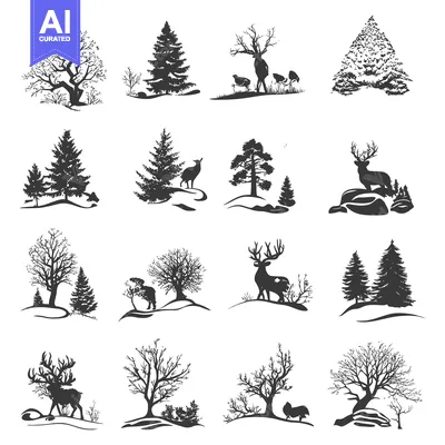 Aset premium populer: Silhouettes of trees and deer in a snowy landscape