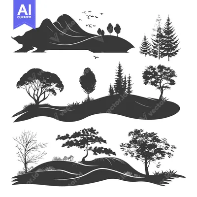 Silhouettes of Trees and Hills in a Landscape