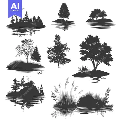 Aset premium populer: Silhouettes of Trees and Islands Reflecting in Water