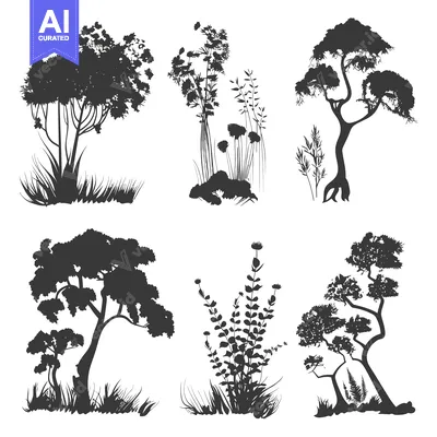 Aset premium populer: Silhouettes of Trees and Plants on a White Background