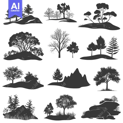 Premium design asset: Silhouettes of Trees and Rocks