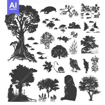 Popular premium asset: Silhouettes of Trees, Birds, and a Woman in a Forest Setting