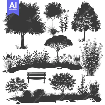 Silhouettes of Trees, Bushes, Grass, and a Bench in a Garden Setting