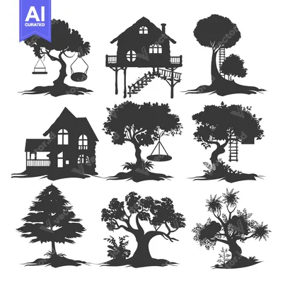 Aset desain premium: Silhouettes of Trees, Houses and Play Equipment