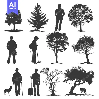 Aset desain premium: Silhouettes of Trees, People, and Animals