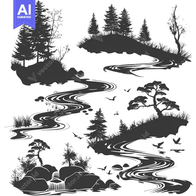 Silhouettes of Trees, River, and Birds in a Forest Landscape