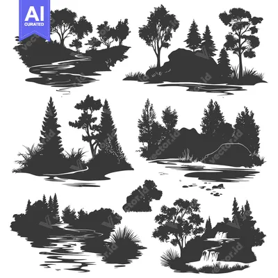 Aset desain premium: Silhouettes of Trees, Rivers, and Waterfalls in a Forest Landscape