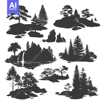 Aset premium populer: Silhouettes of Trees, Rocks, and a Waterfall on Islands