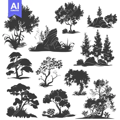 Silhouettes of Trees, Rocks, and Bushes in a Forest Setting