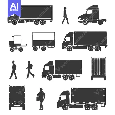 Aset desain premium: Silhouettes of Trucks, Containers, and People
