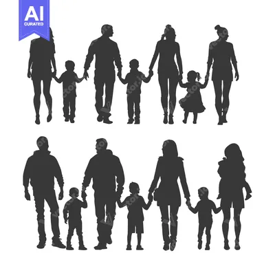 Aset desain premium: Silhouettes of two families with children holding hands
