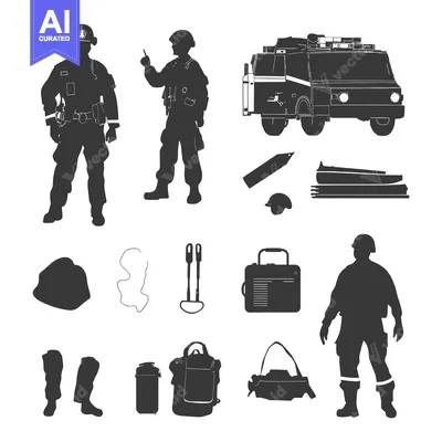 Silhouettes of Two Firefighters, Equipment, and a Fire Engine
