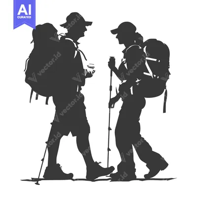 Silhouettes of Two Hikers with Backpacks and Trekking Poles