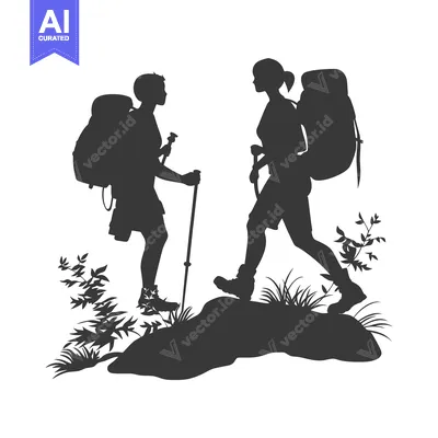 Silhouettes of Two Hikers with Backpacks and Trekking Poles