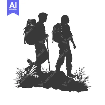 Silhouettes of Two Hikers with Backpacks on a Hillside