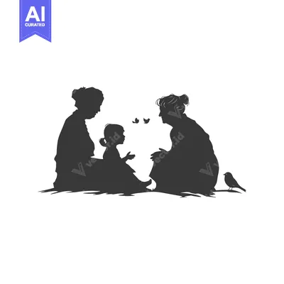 Aset desain premium: Silhouettes of two women and a child with butterflies and a bird