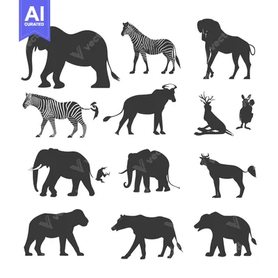 Silhouettes of Various African Animals in Black and White