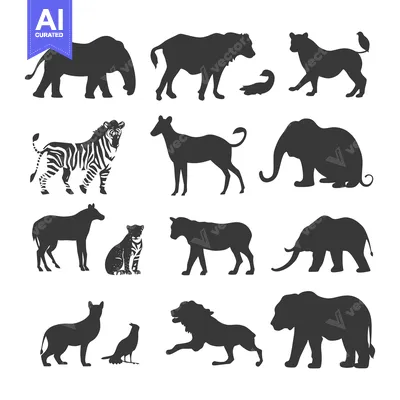 Aset desain premium: Silhouettes of Various African Animals on a White Background