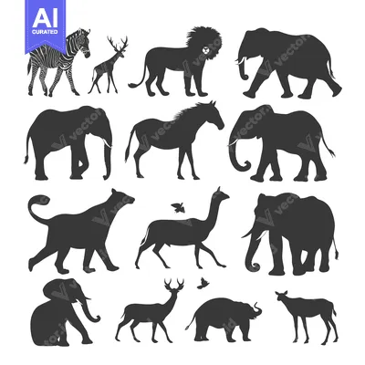 Premium design asset: Silhouettes of various African wildlife animals on a white background