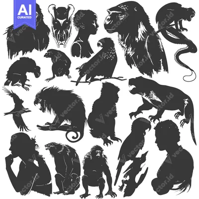 Silhouettes of Various Animals and Humans in Black and White