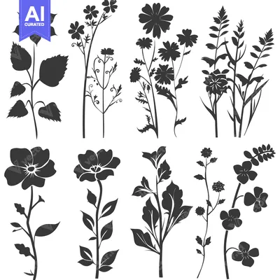 Aset premium populer: Silhouettes of Various Black and White Flowers and Plants