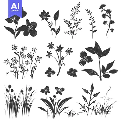 Silhouettes of Various Flower and Grass Species