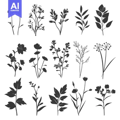 Silhouettes of Various Flowers and Plants with White Background
