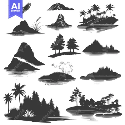 Silhouettes of Various Islands with Trees, Mountains, and a Bird in Fl