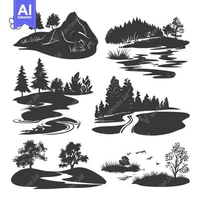 Aset desain premium: Silhouettes of Various Landscapes with Trees, Hills, and Water