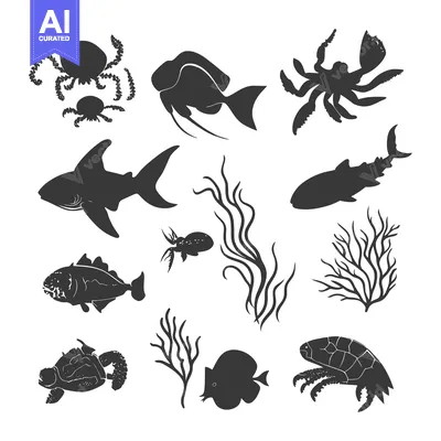 Silhouettes of Various Marine Creatures and Seaweed