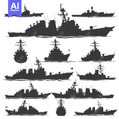 Aset desain premium: Silhouettes of Various Navy Warships in Open Water