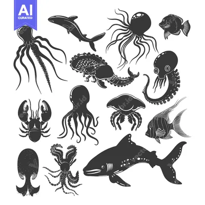 Aset desain premium: Silhouettes of various ocean creatures in black and white