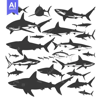 Silhouettes of Various Sharks in Different Sizes and Positions