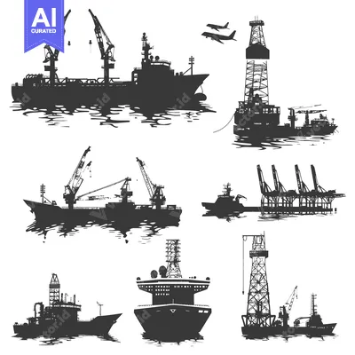 Aset premium populer: Silhouettes of Various Ships and Offshore Oil Rigs at Sea