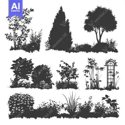 Silhouettes of Various Trees and Bushes in a Garden Setting
