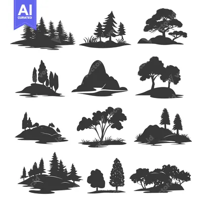 Silhouettes of Various Trees and Hills on a White Background