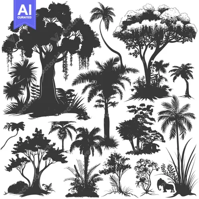 Silhouettes of Various Trees and Plants in a Tropical Setting