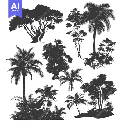 Premium design asset: Silhouettes of Various Tropical Trees on White Background