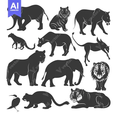 Aset desain premium: Silhouettes of Various Wild Animals in Black and White