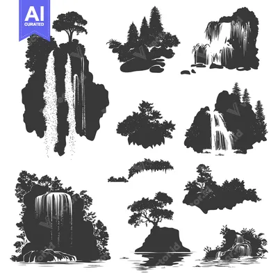 Silhouettes of Waterfalls and Forested Landscapes
