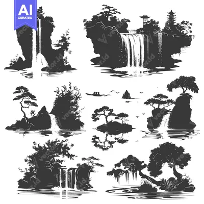 Premium design asset: Silhouettes of Waterfalls Cascading Over Rocks and Through Lush Foliag