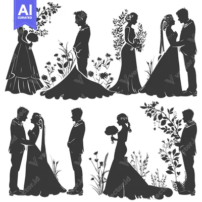 Silhouettes of Wedding Couples with Floral Accents