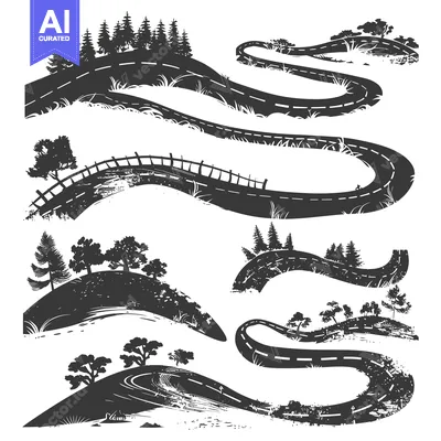 Silhouettes of Winding Roads and Trees in a Rural Landscape