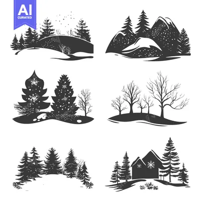 Silhouettes of Winter Landscapes with Trees, Mountains, and a Cabin