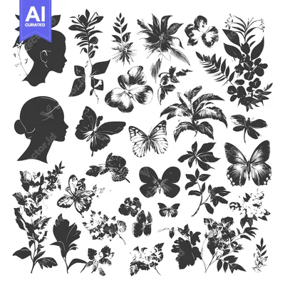 Aset desain premium: Silhouettes of Women, Butterflies, Flowers, and Leaves