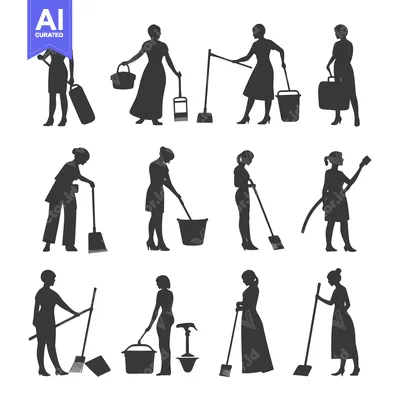 Silhouettes of Women Cleaning with Various Cleaning Tools