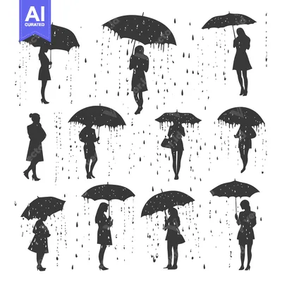 Silhouettes of Women Holding Umbrellas in the Rain