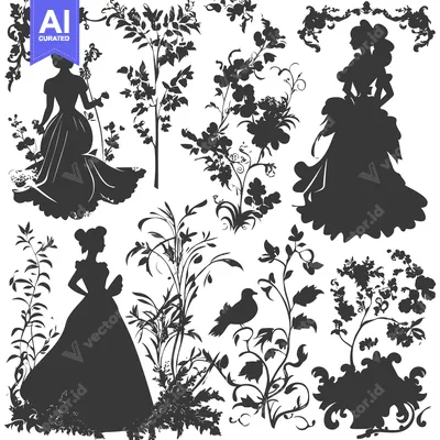 Aset desain premium: Silhouettes of Women in Dresses and Floral Designs