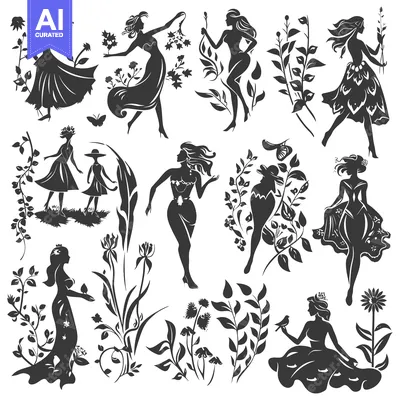 Silhouettes of Women in Dresses and Flowers